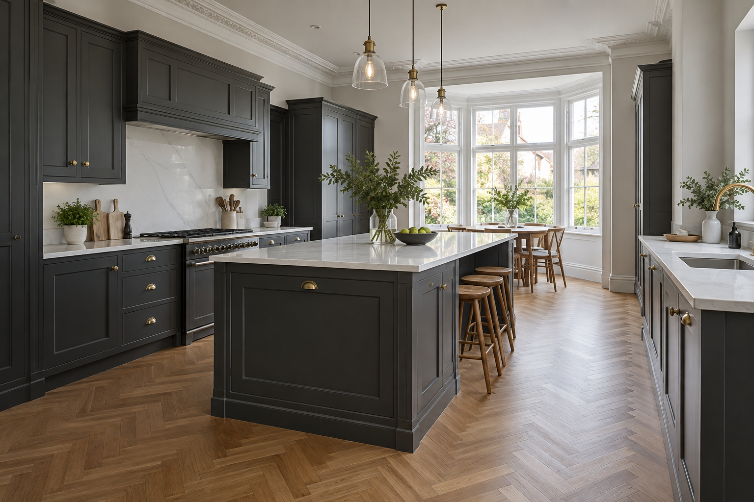 Illustrative charcoal kitchen with white worktops and oak herringbone flooring